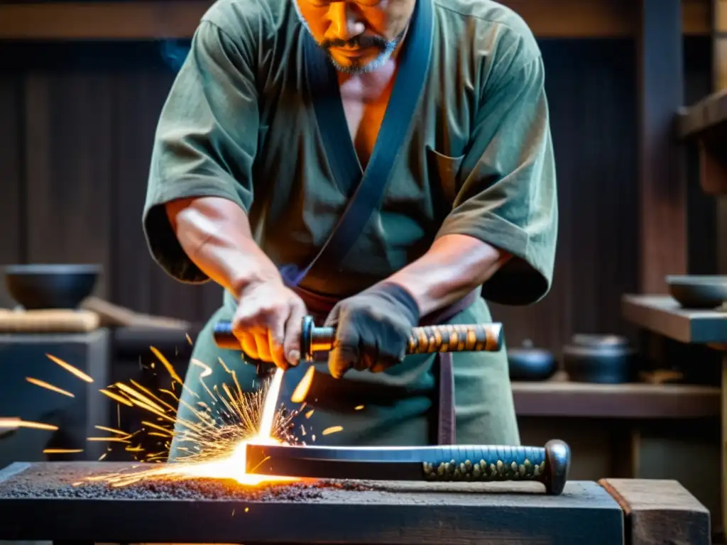 Un maestro espadero japonés forja una katana con maestría en su taller