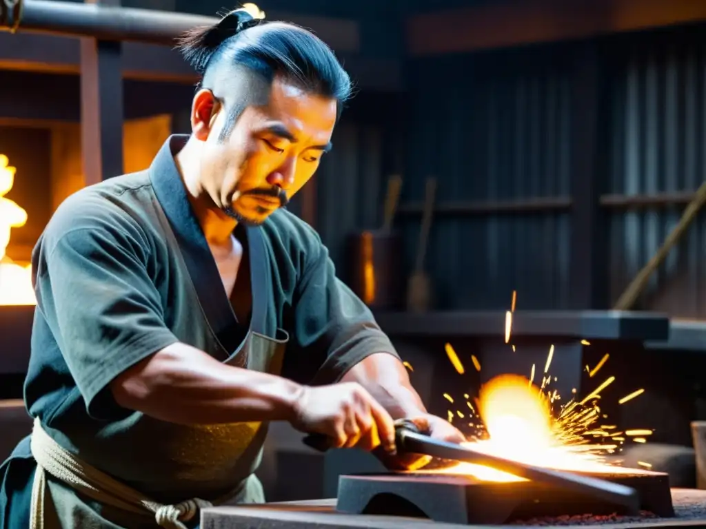 Un maestro espadero japonés, forjando una katana samurái en un taller iluminado, dedicado y experto en su arte ancestral