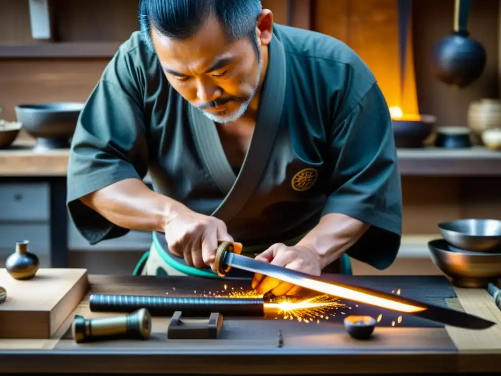 Un maestro espadero japonés forja una katana, mostrando su destreza y concentración