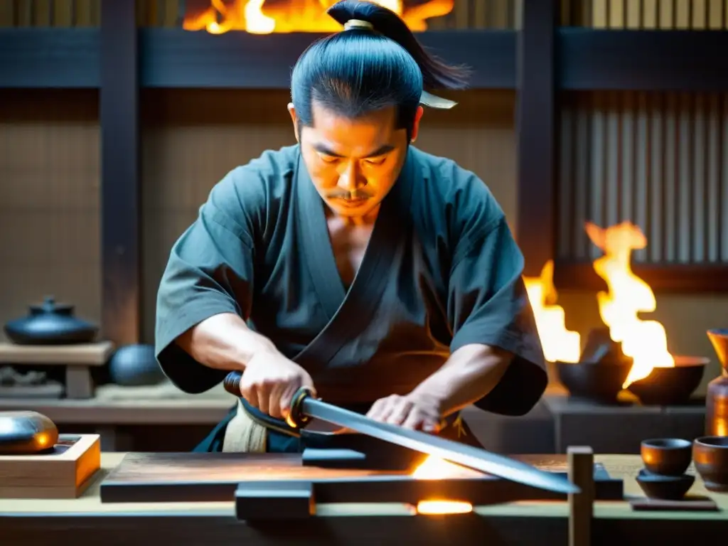 Un maestro espadero japonés crea una katana con influencia de las espadas damascenas, resaltando la tradición y la artesanía