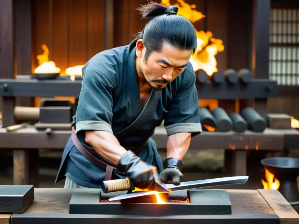 Un maestro espadero japonés forja una katana samurái con precisión milimétrica