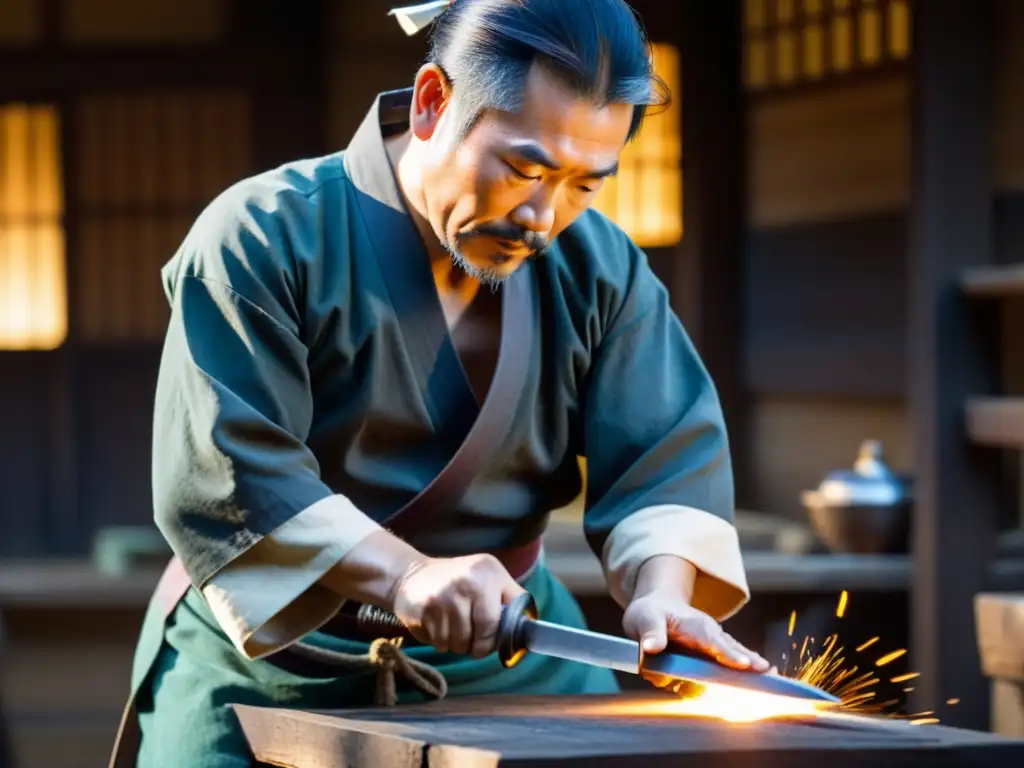 Maestro espadero japonés forjando una katana samurái en su taller rústico, con una atmósfera dramática y detallada