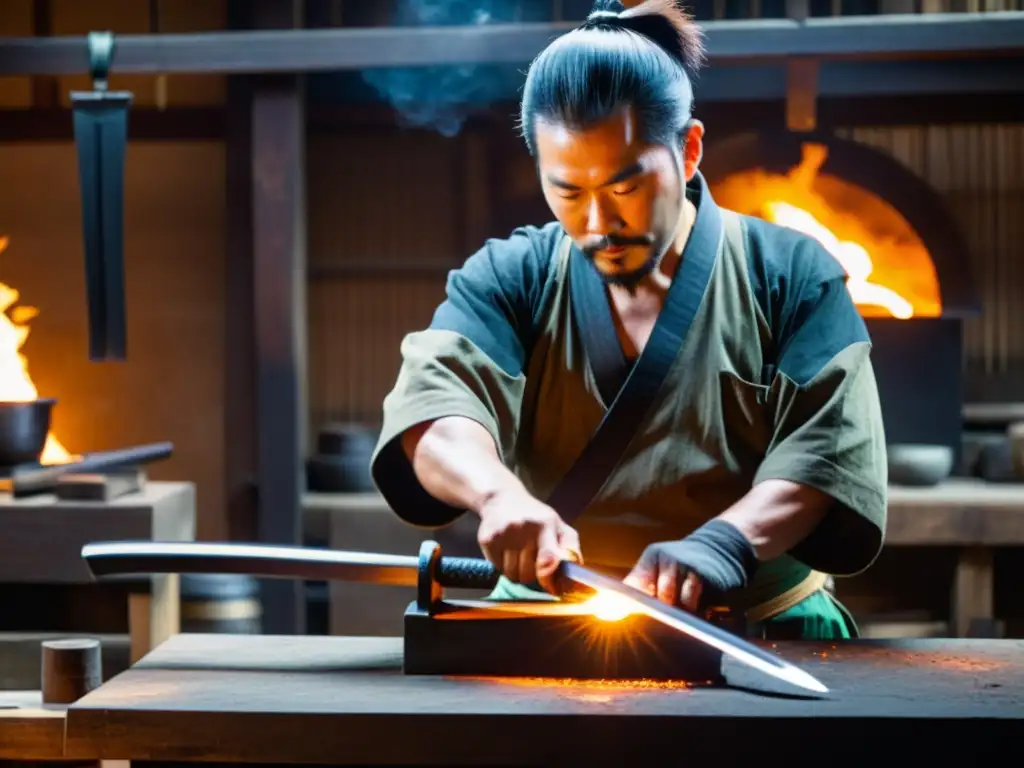 Un maestro espadero japonés forja una katana samurái en su taller, inmerso en el proceso de forjado de katanas samuráis