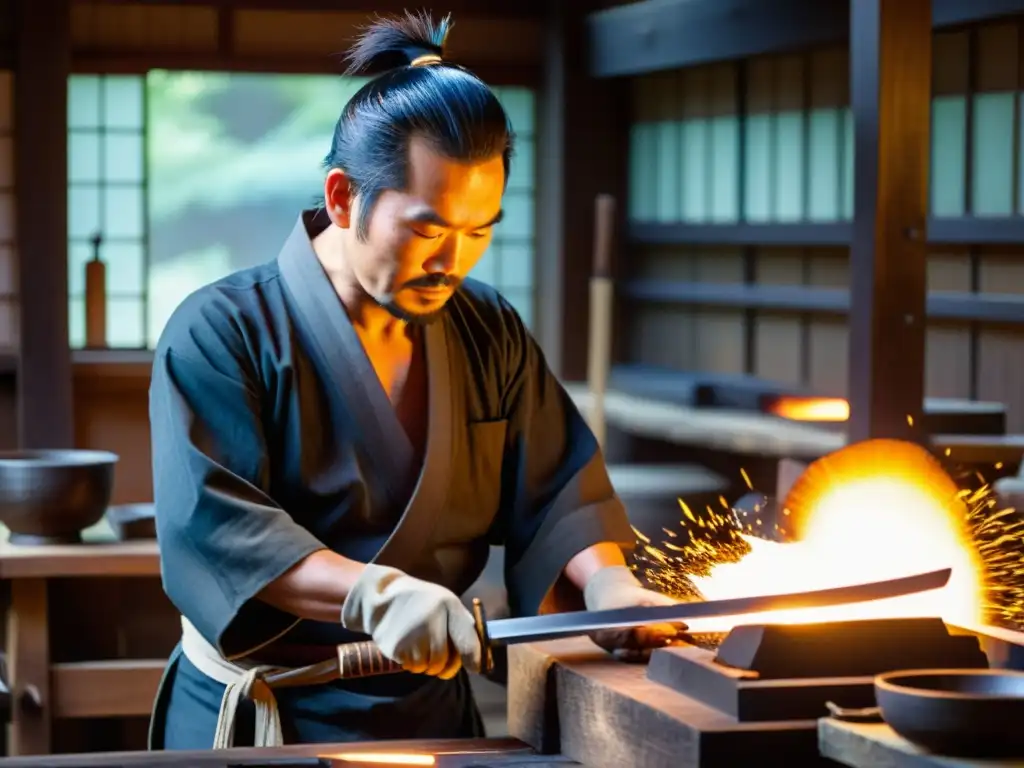 Un maestro espadero japonés forja una katana con características auténticas en su taller tradicional