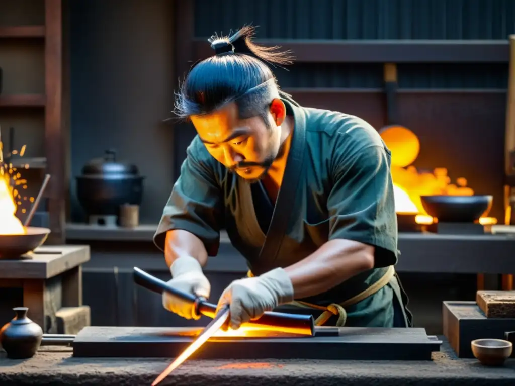 Un maestro espadero japonés forja una katana, rodeado de herramientas tradicionales y una expresión de intensa concentración