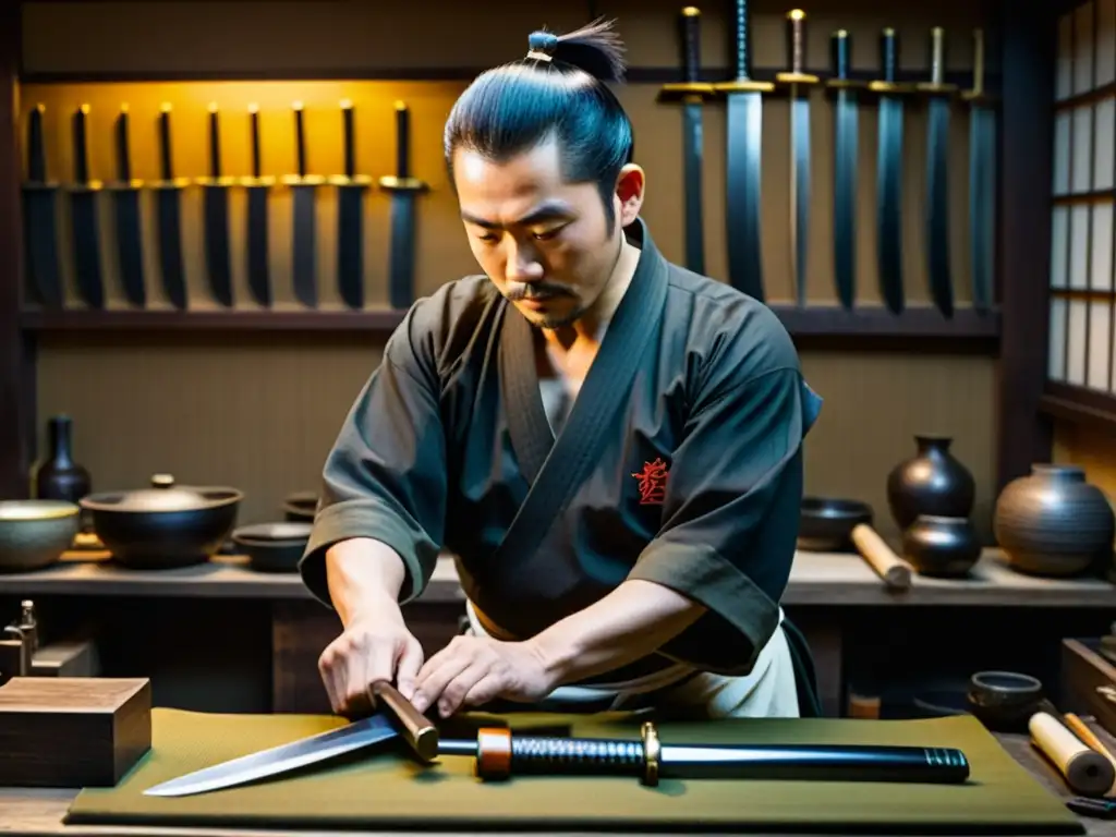 Un maestro espadero japonés meticulosamente realiza el mantenimiento de una katana samurái en su tradicional taller japonés