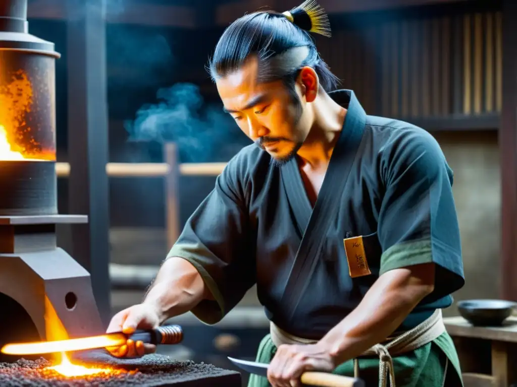 Un maestro espadero japonés, con métodos de templado katana espíritu, forja con precisión una hoja de katana en un horno brillante