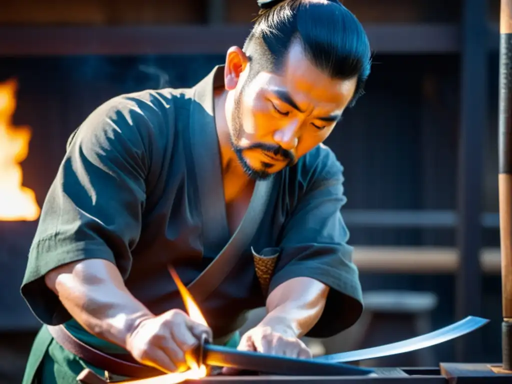 Un maestro espadero japonés, forjando con pasión una katana en su taller, reflejando la filosofía Bushido samurái