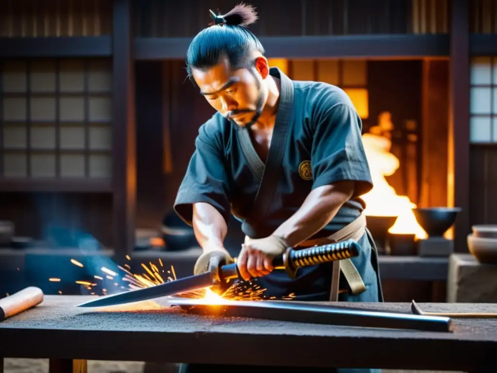 Un maestro espadero japonés forja con precisión una espada samurái, rodeado por el resplandor del horno y las herramientas de su oficio