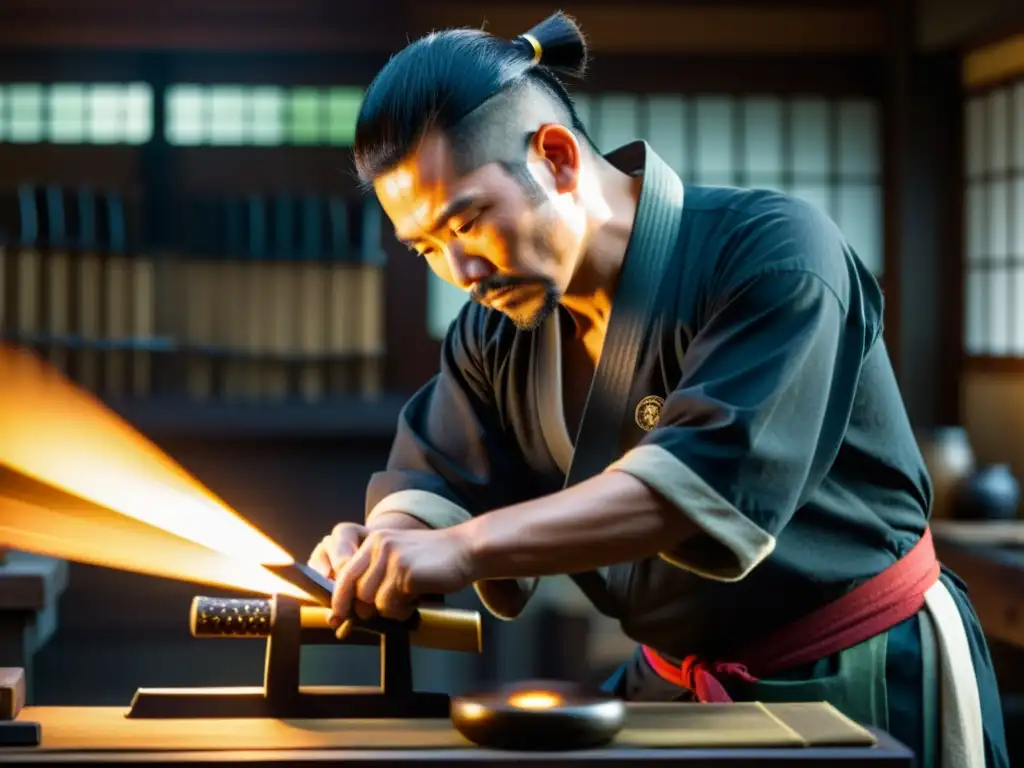 Un maestro espadero japonés afila con precisión una katana, rodeado de herramientas