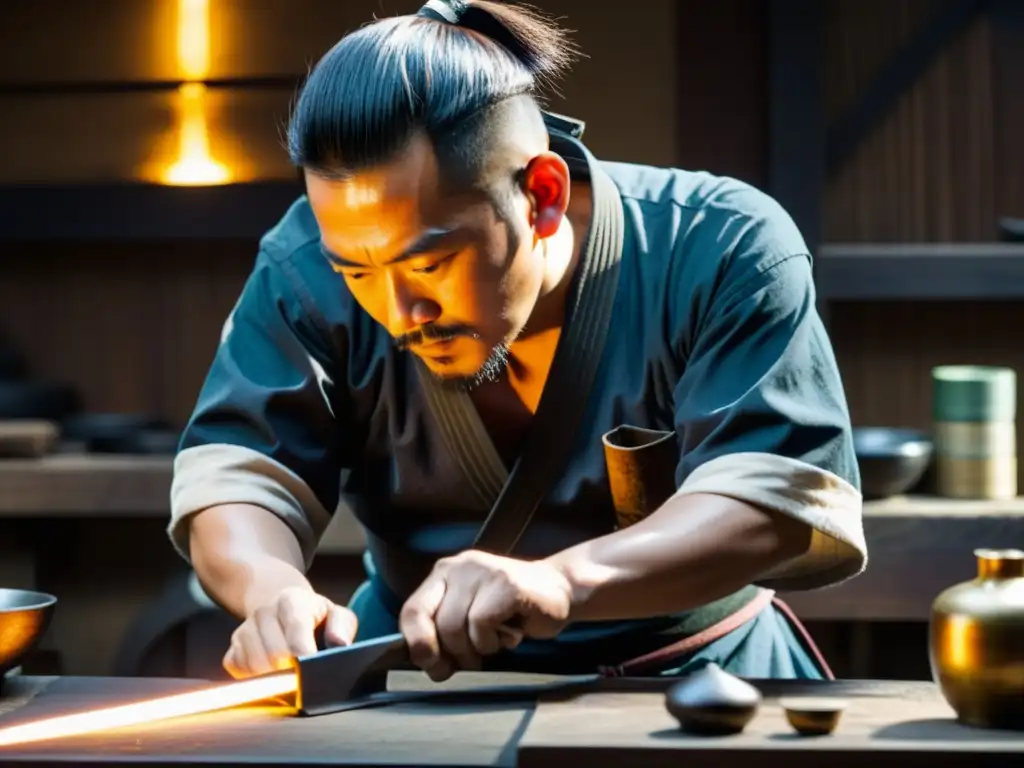 Un maestro espadero japones afila con precisión un Wakizashi en su taller tradicional