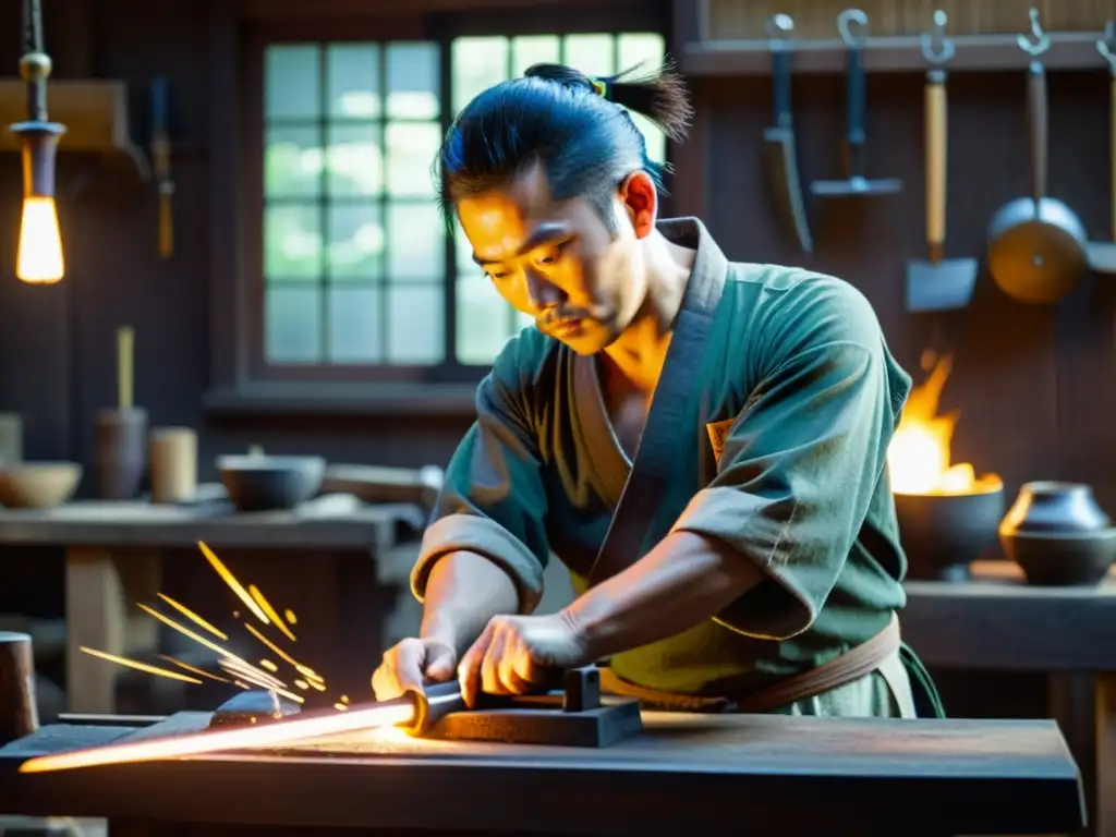 Un maestro espadero japonés forja con precisión una katana en su taller, envuelto en una atmósfera de tradición y concentración