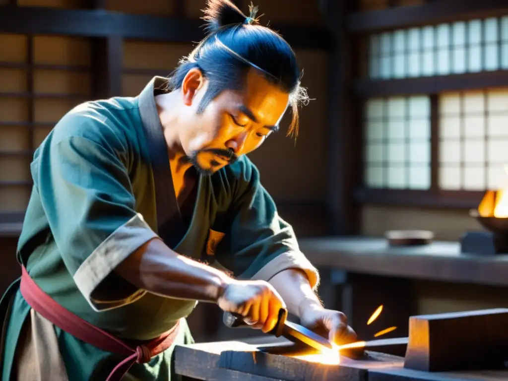 Un maestro espadero japonés forja con precisión una hoja incandescente, en un taller iluminado por tenues rayos de sol