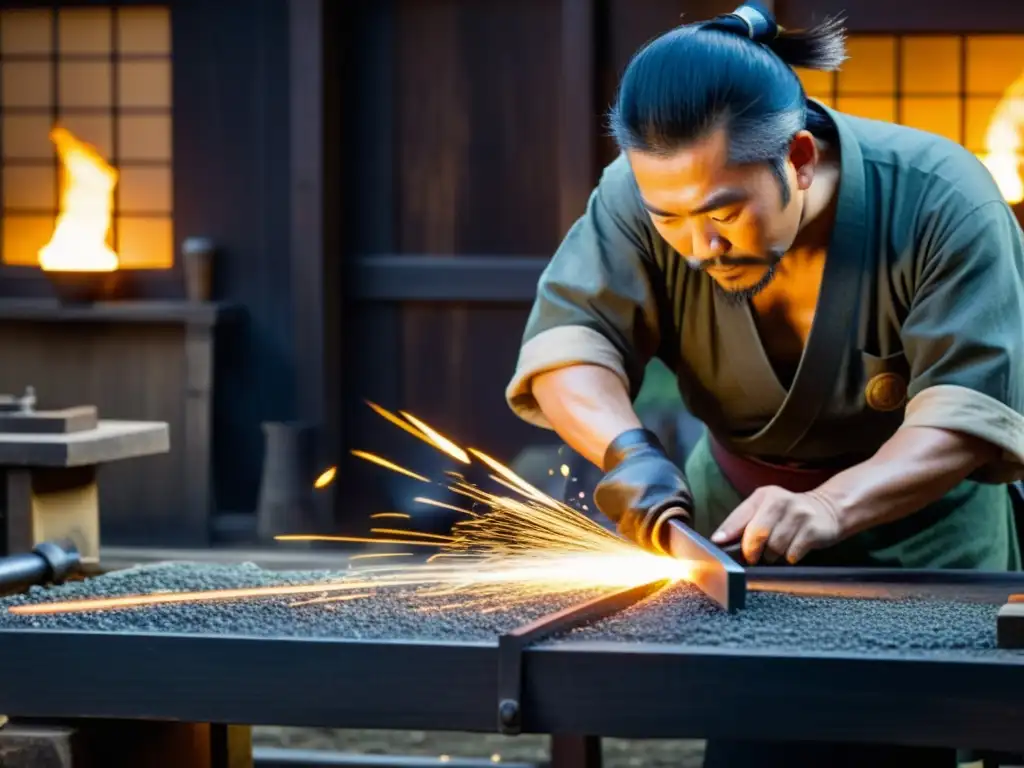 Un maestro espadero japonés forja con precisión una espada samurái, con chispas volando en su taller