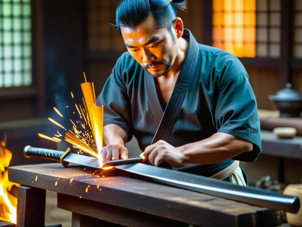 Un maestro espadero japonés forja con precisión una espada katana, resaltando su significado y simbolismo cultural