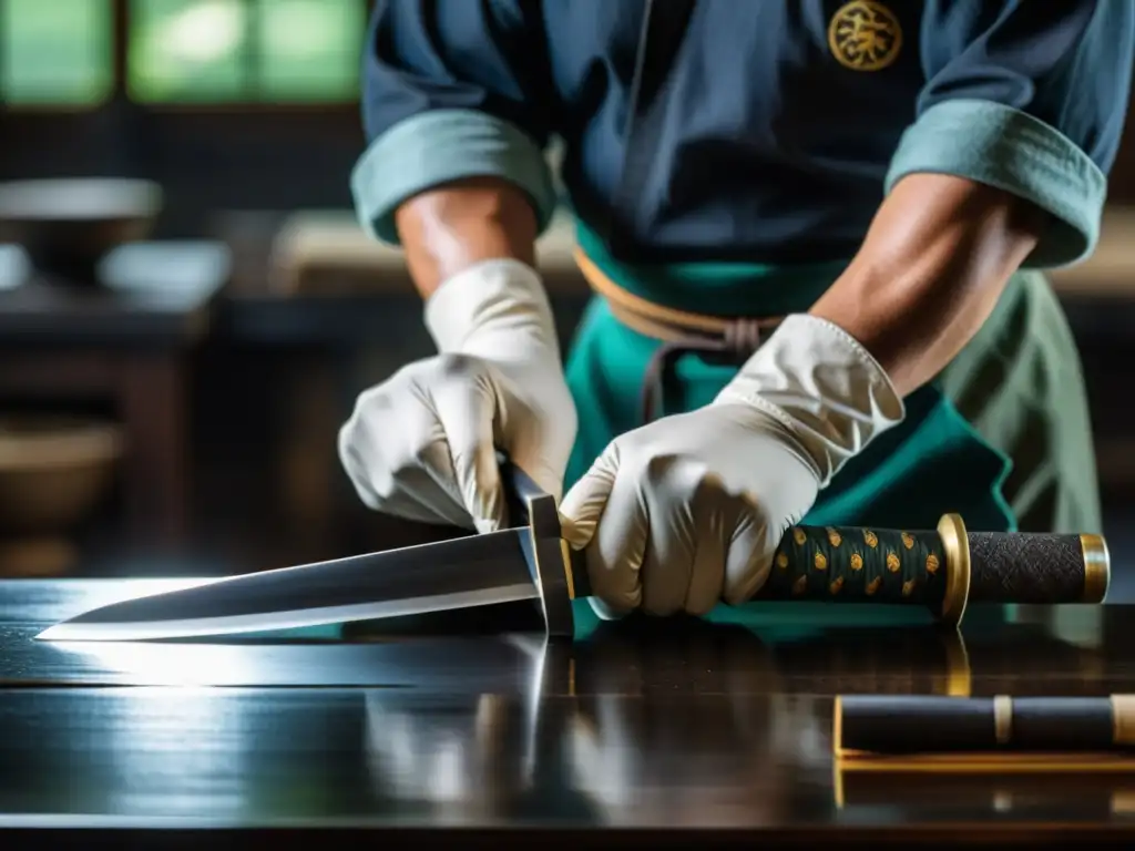 Un maestro espadero japonés puliendo con precisión una katana, reflejando el equilibrio de flexibilidad y dureza en la hoja