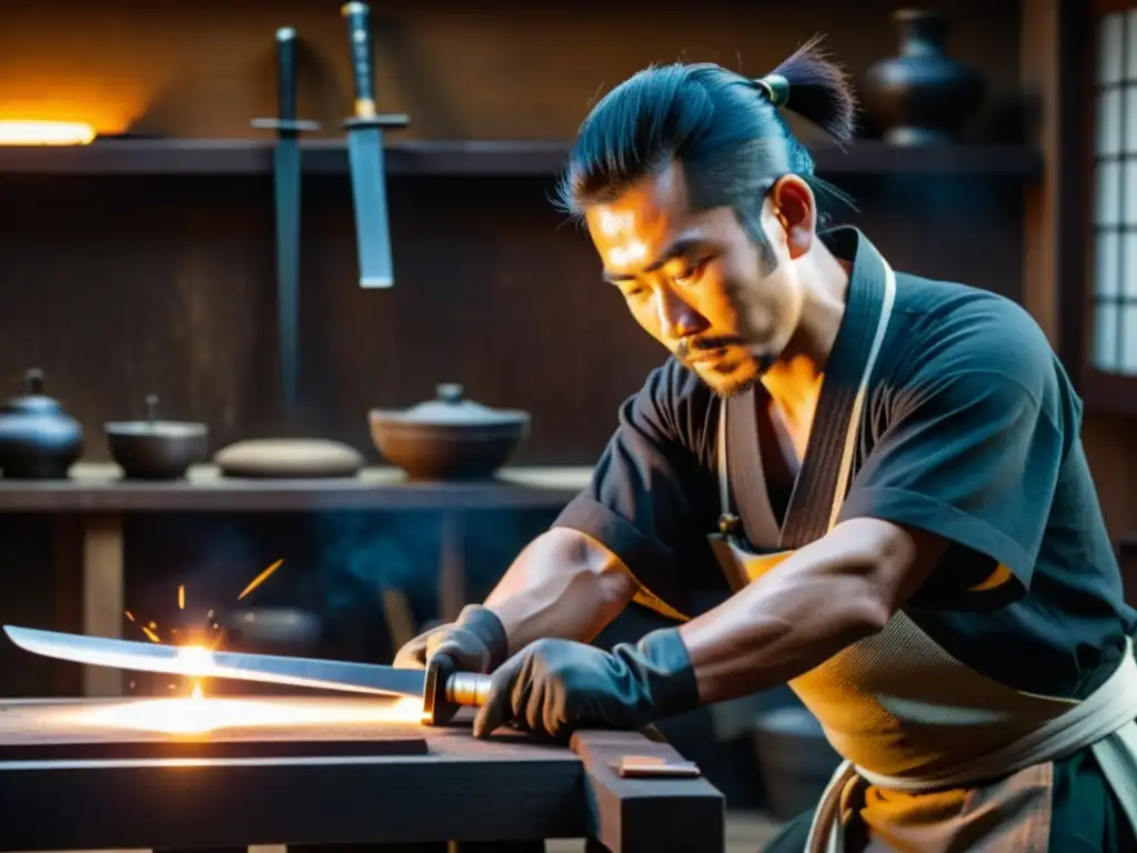 Un maestro espadero japonés forja con precisión una espada samurái, en su taller iluminado por la calidez de la fragua