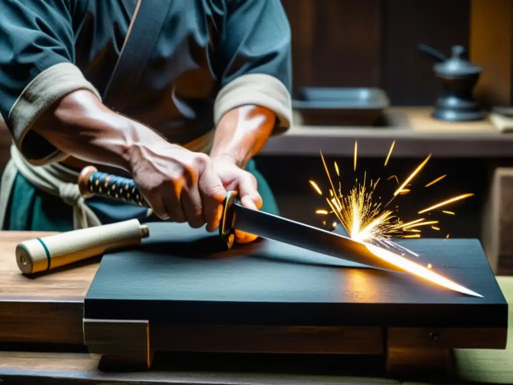 Un maestro espadero japones afila con precisión una katana en su taller