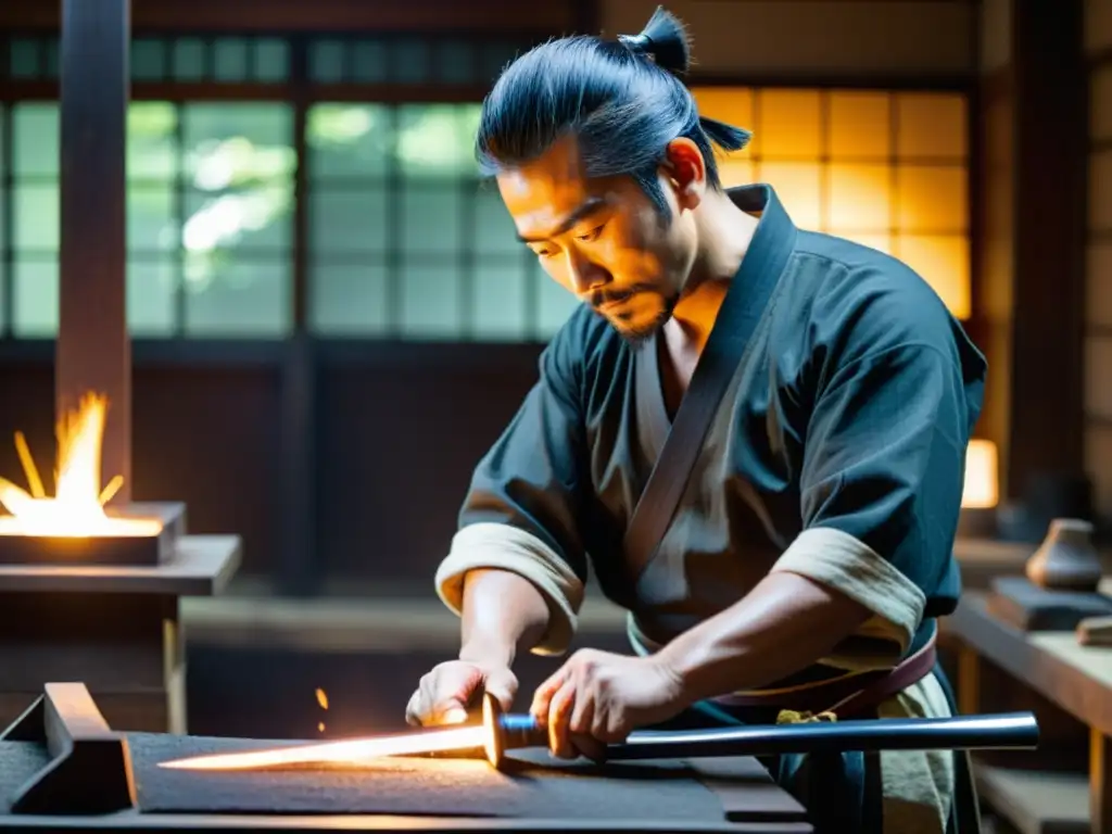 Un maestro espadero japonés forja con precisión una espada samurái en su taller tradicional, iluminado por el resplandor de la fragua