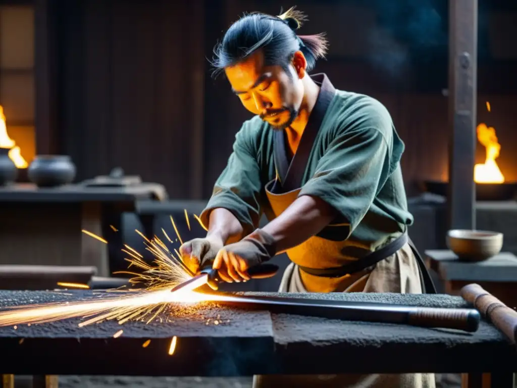 Un maestro espadero japonés forja con precisión una espada samurái en un taller oscuro, inmerso en la rica historia y artesanía de las técnicas de forja de espadas samurái