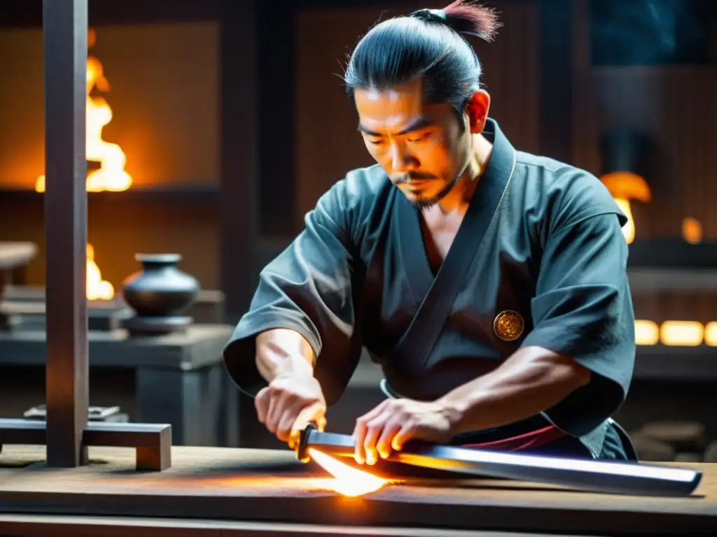 Un maestro espadero japonés en su taller, forjando una espada samurái con destreza