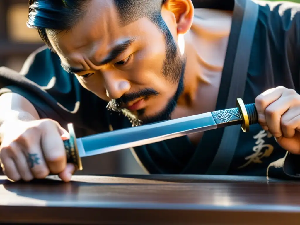 Un maestro espadero japonés, con tatuajes de caligrafía tradicional, expertamente pule una histórica katana, revelando la artesanía del acero