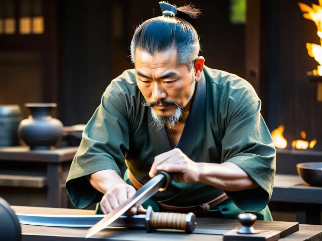 Un maestro espadero japonés en su tradicional forja, forjando una katana con destreza