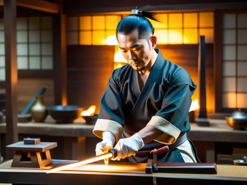 Un maestro espadero japonés con traje tradicional forja una espada samurái brillante, rodeado de herramientas antiguas