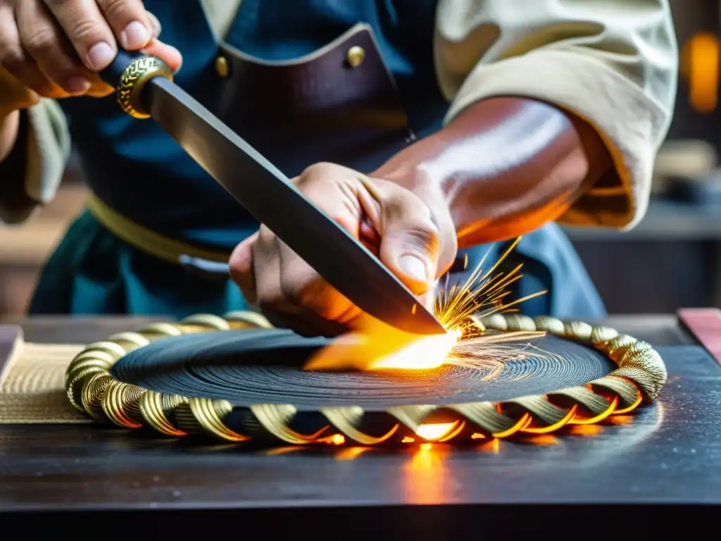 Un maestro espadero japonés forja una tsuba detallada para una espada samurái