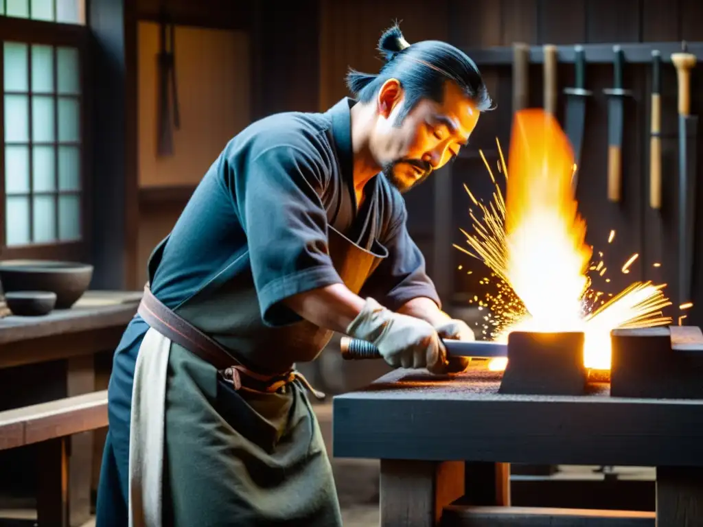 Un maestro espadero japonés forja con maestría una verdadera katana en su taller tradicional, envuelto en la cálida luz del fuego