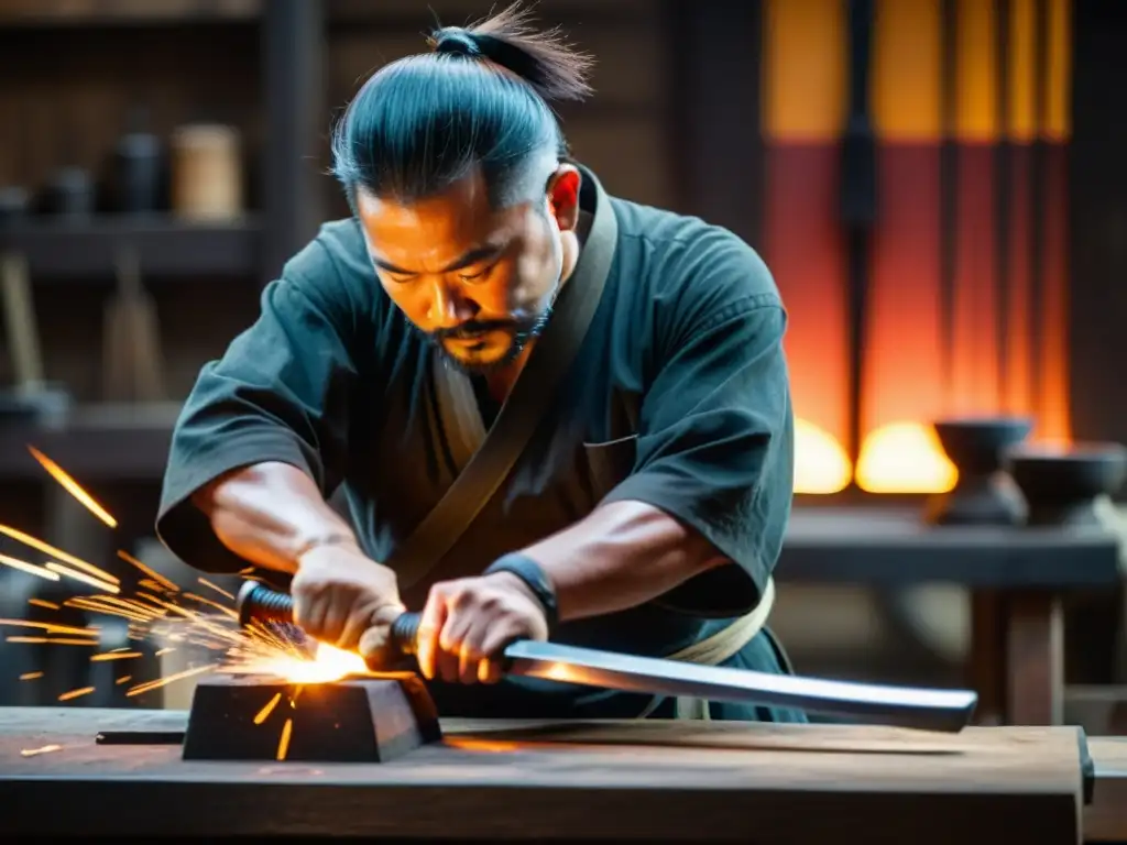 Maestro espadero forja una katana samurai en un ambiente dramático y lleno de chispas, destacando la evolución de la katana samurai