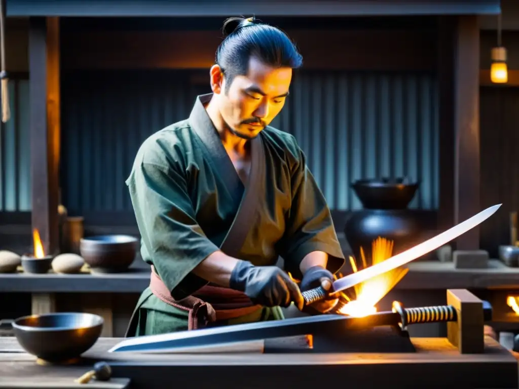 Un maestro espadero forja una katana japonesa tradicional en su taller, rodeado de herramientas y materiales antiguos