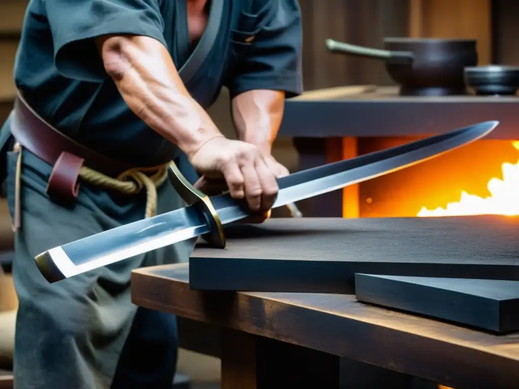 Un maestro espadero forja con maestría una katana japonesa tradicional, entre nubes de vapor y chispas, mostrando la historia de katanas legendarias