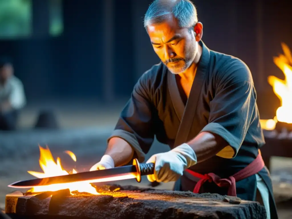 Un maestro espadero forja una katana con métodos de templado tradicionales, infundiendo el espíritu de generaciones pasadas en la hoja resplandeciente