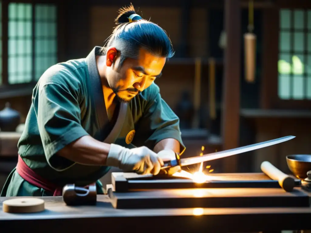 Un maestro espadero forja una katana en su taller, resaltando la importancia de la colección de espadas samurái