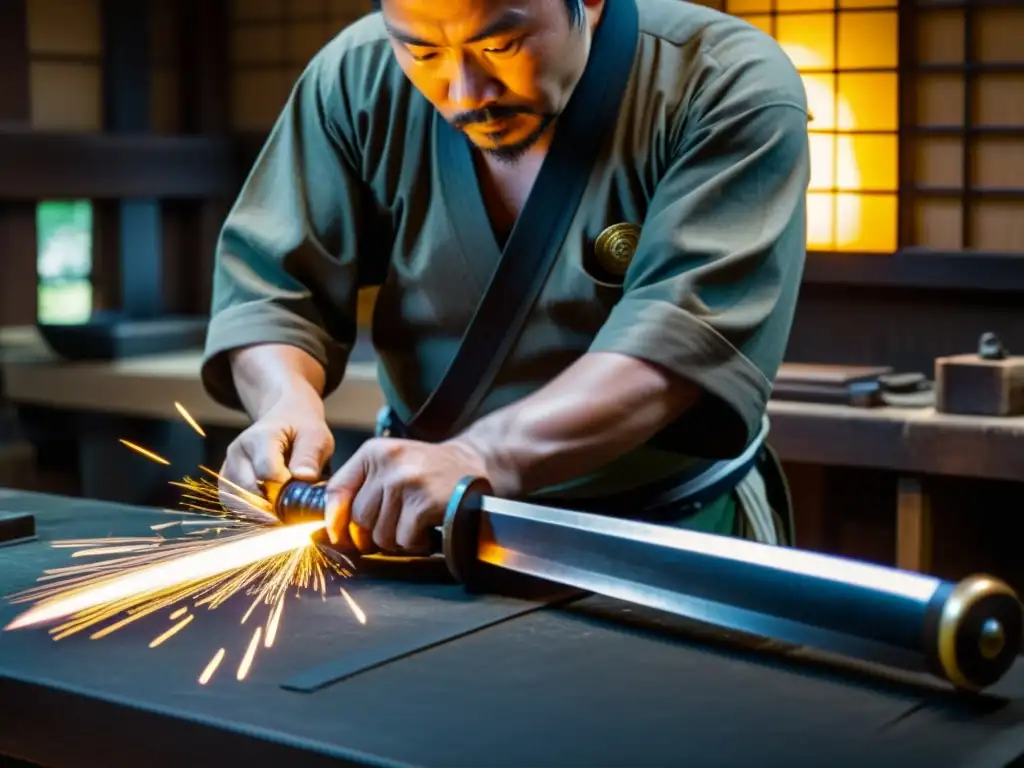 Un maestro espadero forja una katana en su taller japonés, creando una atmósfera de tradición y destreza