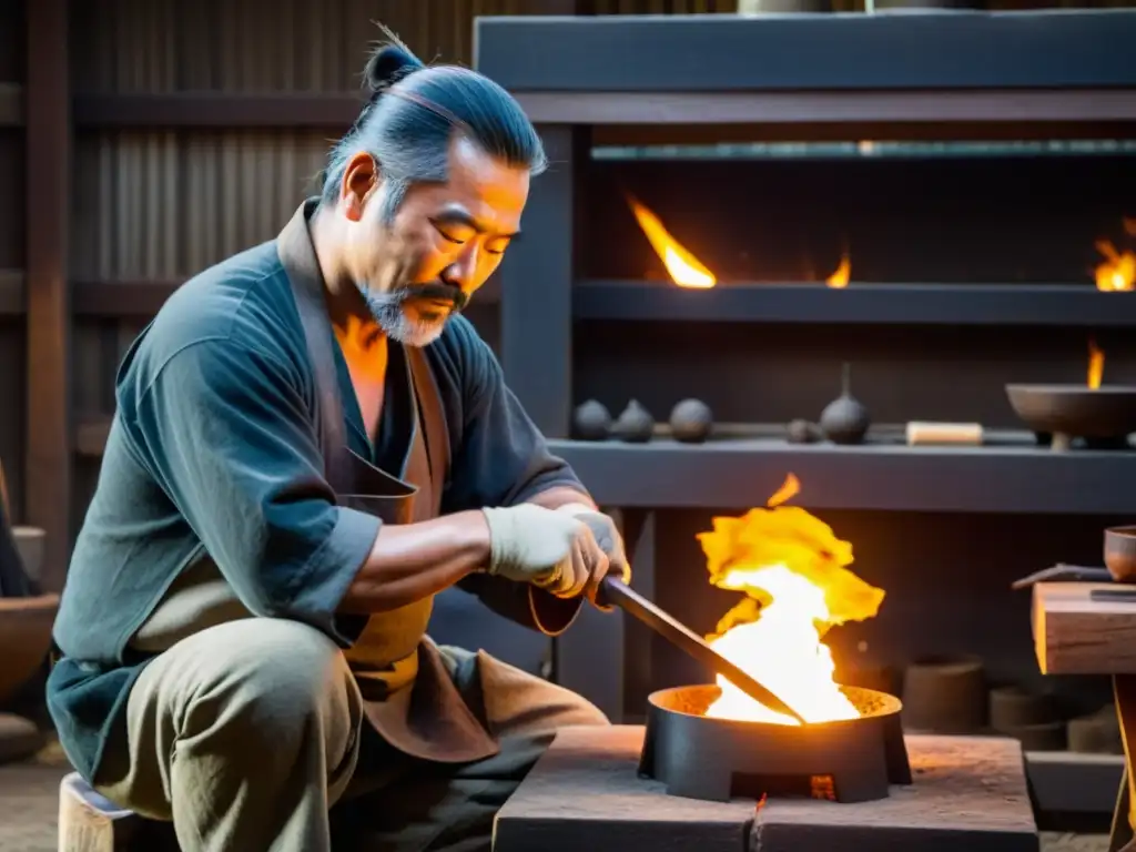 Un maestro espadero crea una katana en su taller, rodeado de herramientas antiguas y arte japonés, en un momento de intensa espiritualidad samurái