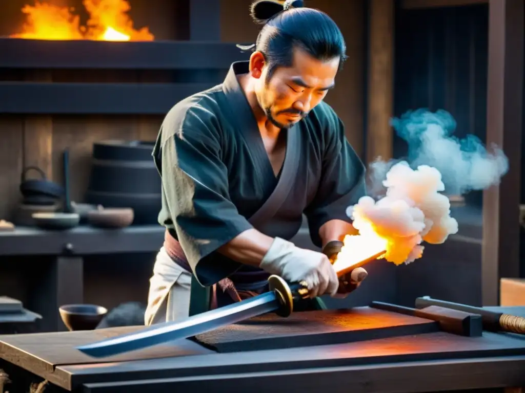 Un maestro espadero crea una katana tradicional japonesa en un proceso completo de creación, rodeado por el brillo del fuego y el humo