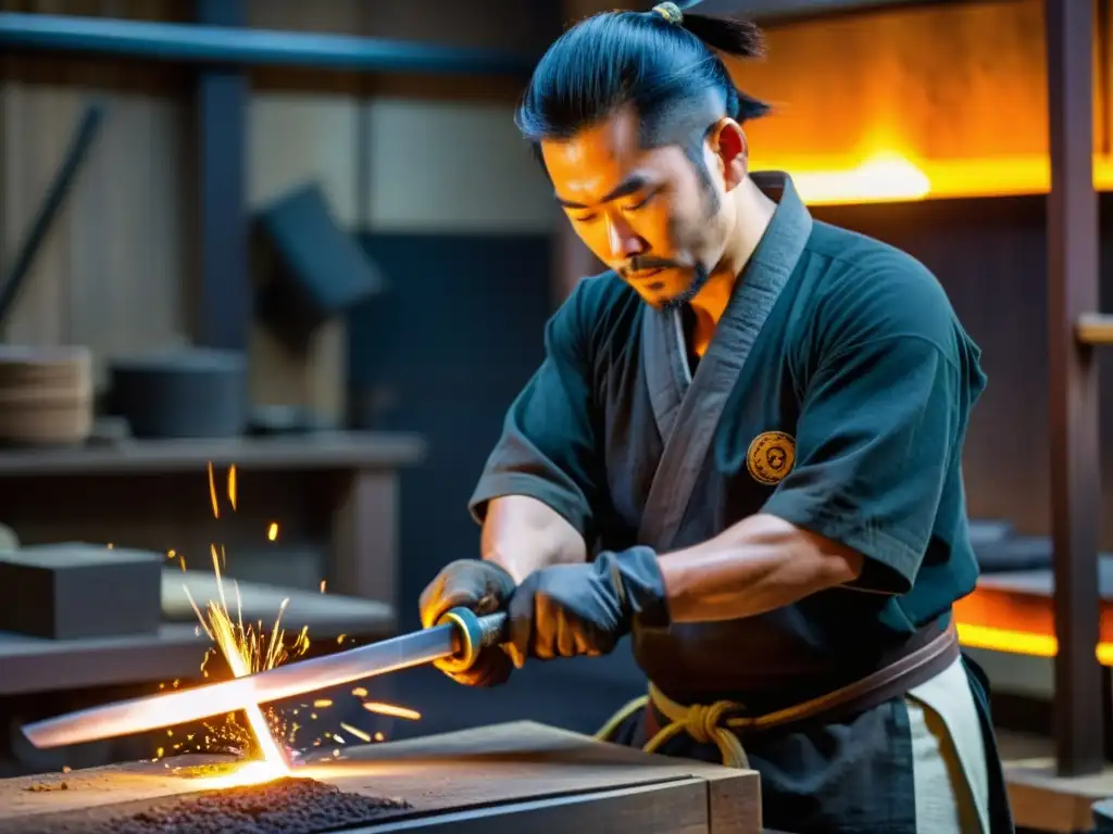 Maestro espadero forja una katana tradicional japonesa con intensa concentración, vinculando artes marciales y katana