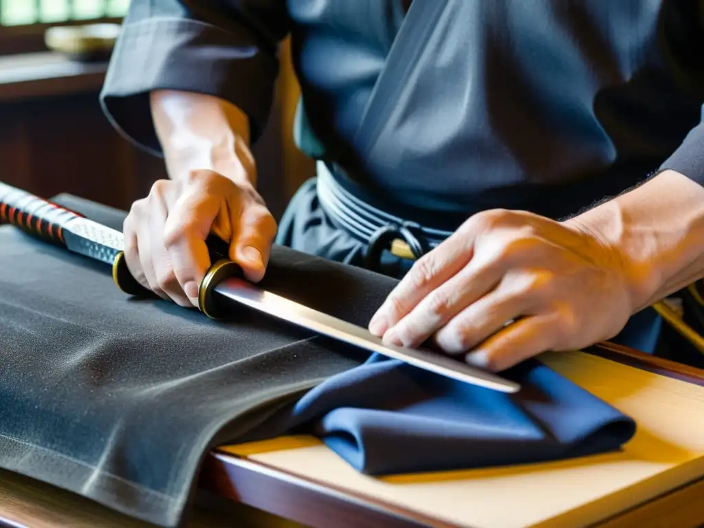 Maestro espadero restaurando con meticulosidad una katana samurái histórica, preservando la artesanía con técnicas de restauración