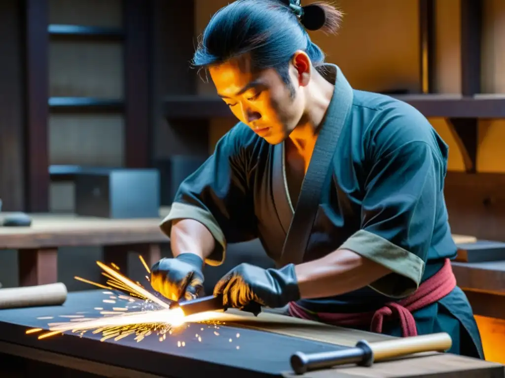 Un maestro espadero forja con precisión una katana japonesa, en un taller tradicional iluminado con chispas