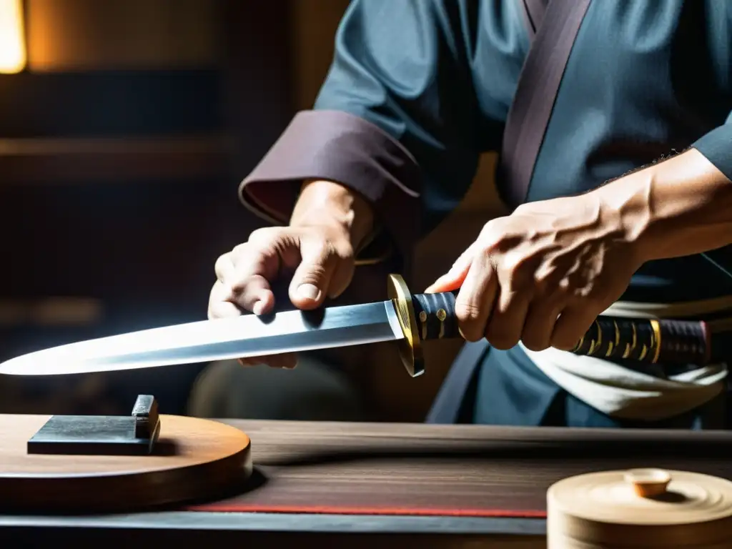 Un maestro espadero puliendo con precisión una katana, resaltando las técnicas de mantenimiento de este icónico arma samurai