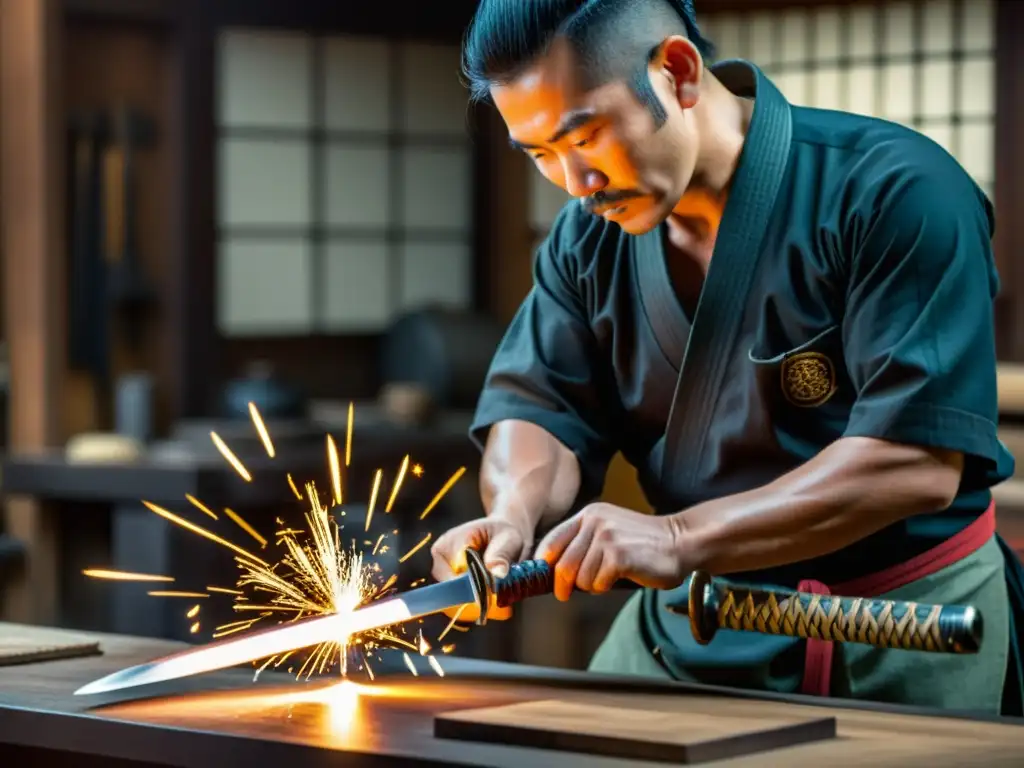 Un maestro espadero forja con precisión una katana japonesa tradicional, creando chispas mientras moldea el metal al rojo vivo