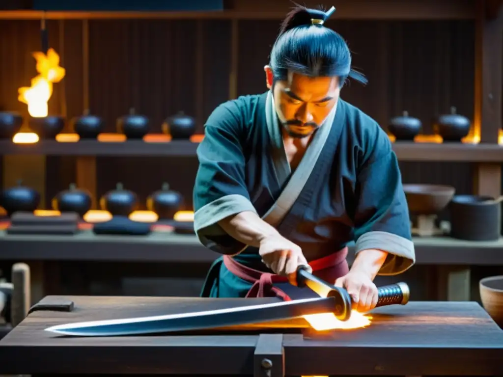 Maestro espadero forja con precisión una katana samurái en su tradicional taller, inmerso en el antiguo proceso de forjado de katanas samuráis