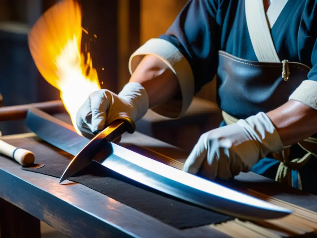 Un maestro espadero forja con precisión una réplica de Wakizashi en un taller japonés, mostrando la artesanía y tradición