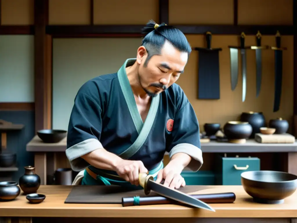 Un maestro espadero elabora meticulosamente una réplica de wakizashi en un taller sereno