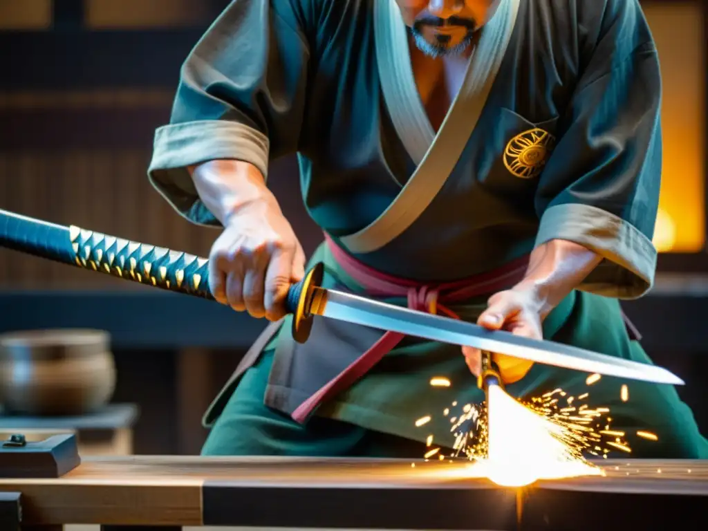 Un maestro espadero forja con precisión réplicas fieles de katanas originales, con chispas volando en su taller