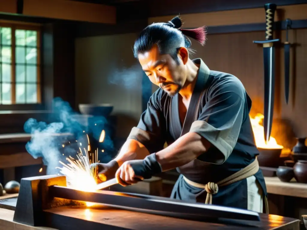 Un maestro espadero forja con precisión un Nihonto samurái rodeado de herramientas antiguas en un taller japonés