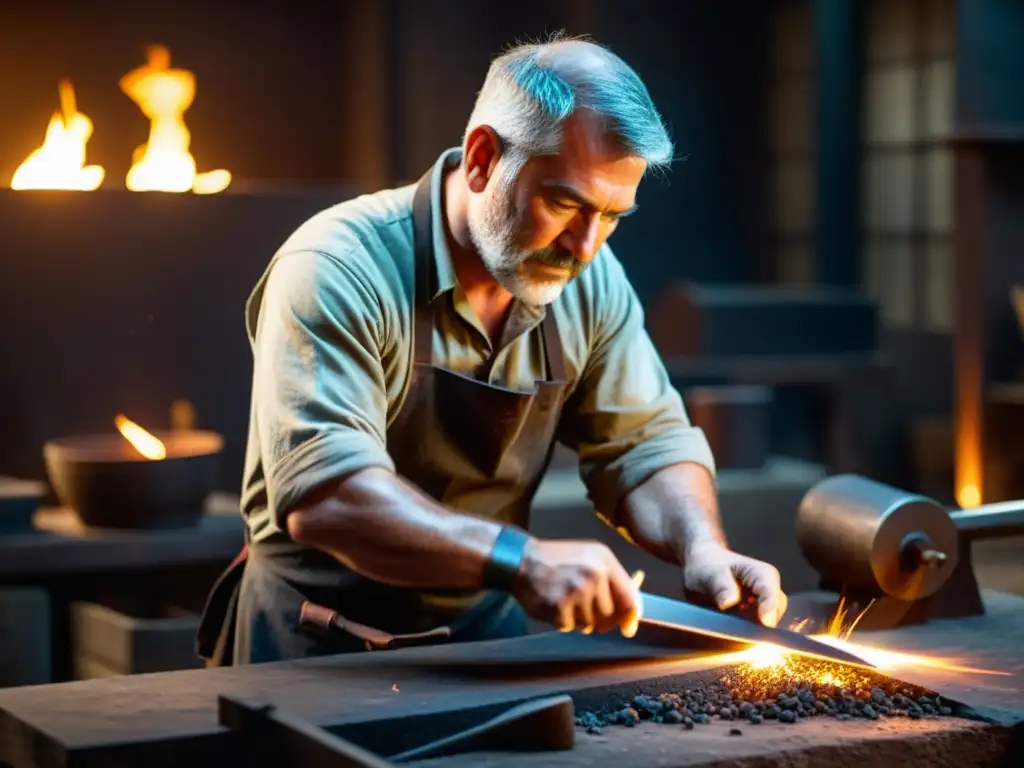 Un maestro espadero en su taller, forjando una espada damascena con destreza