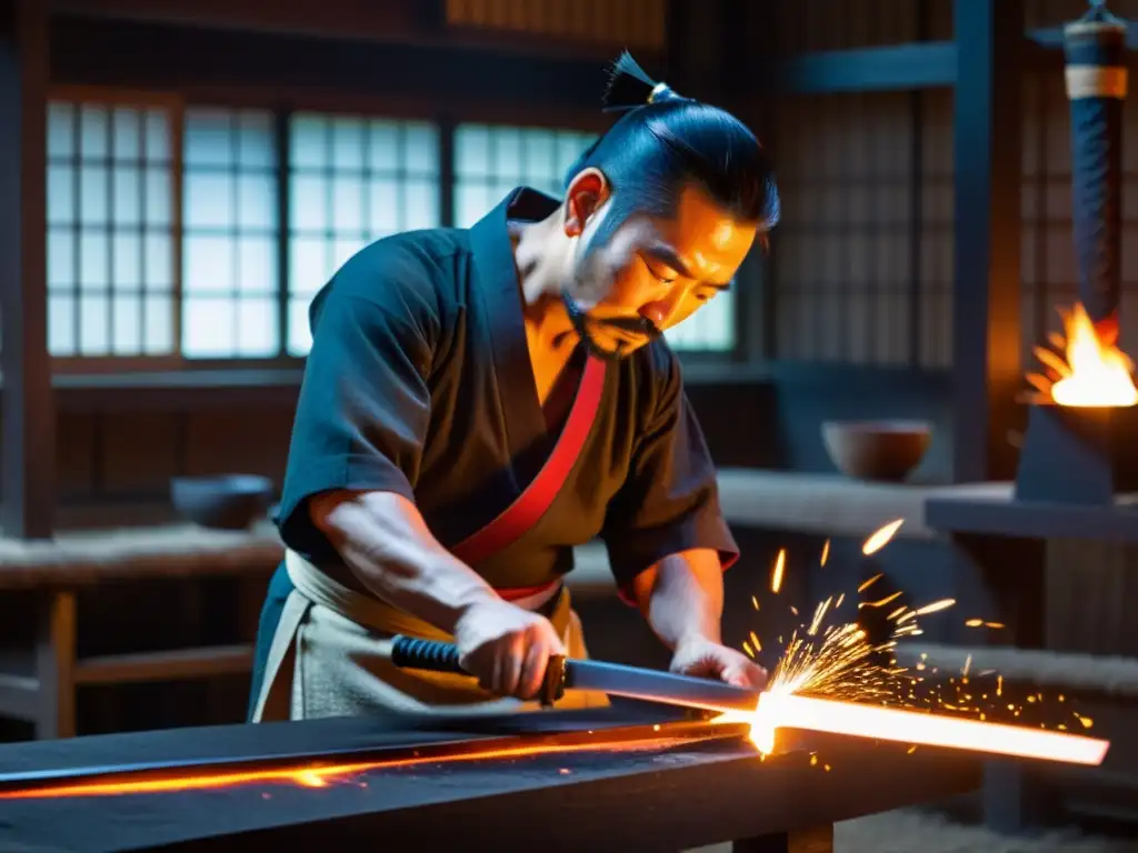 Un maestro espadero en su taller tradicional japonés, forjando una espada katana con materiales exclusivos para una auténtica forja